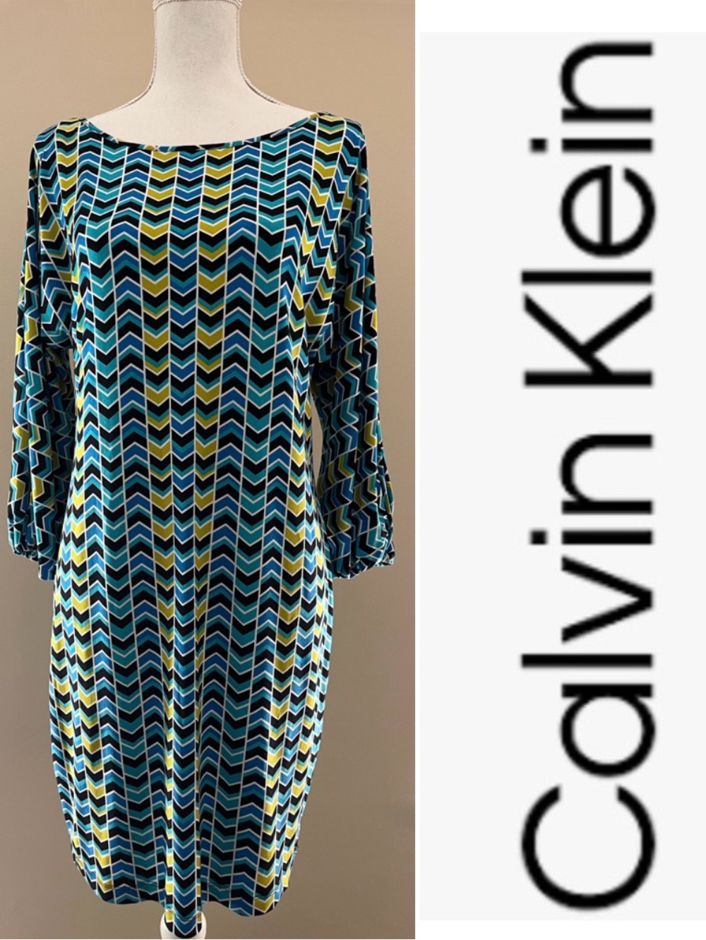 Calvin Klein Chevron-Print multi colored open sleeve Dress size 8